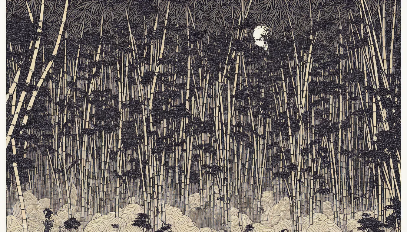 Image similar to bamboo grove by woodblock print, nicolas delort, moebius, victo ngai, josan gonzalez, kilian eng