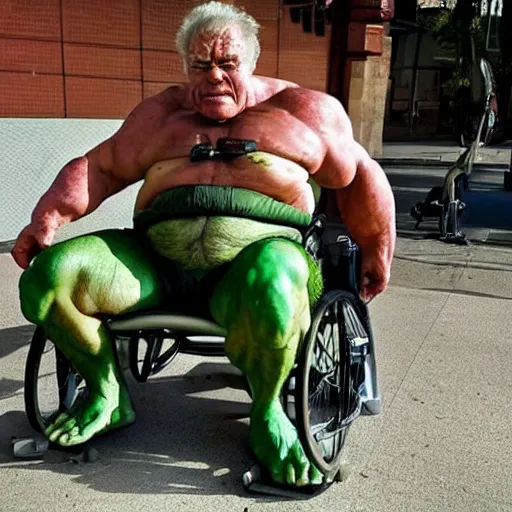 Prompt: the hulk as a very old man sitting in an oversized wheelchair