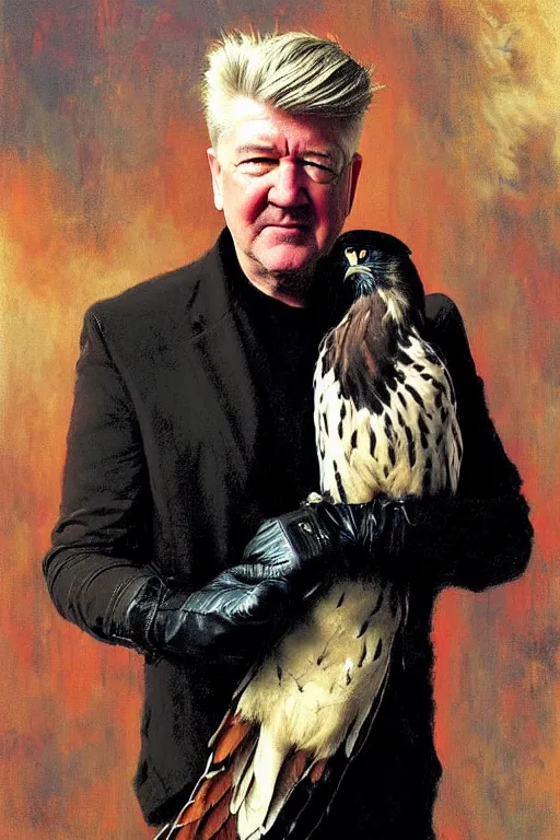 Prompt: david lynch with falconers glove, holding falcon painting by gaston bussiere, craig mullins