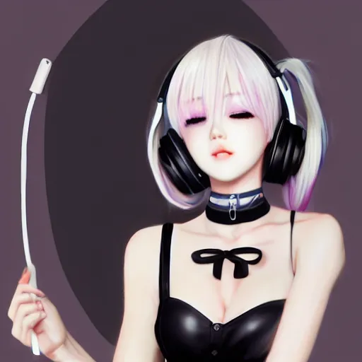 Image similar to realistic teasing detailed semirealism beautiful gorgeous cute Blackpink Lalisa Manoban white hair white cat ears blue eyes, wearing black camisole outfit, headphones, black leather choker full HD 4K high resolution quality WLOP, Aztodio, Taejune Kim, Guweiz, Pixiv, Instagram, Artstation