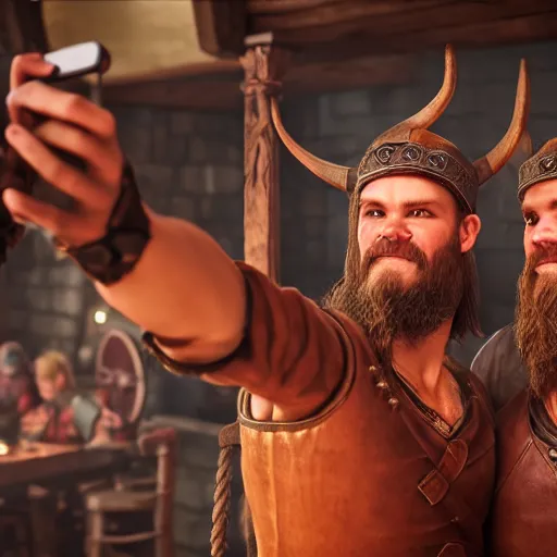 Prompt: Two viking brothers taking a selfie in a crowded tavern, dof, Unreal Engine 5, intricately detailed, 8k