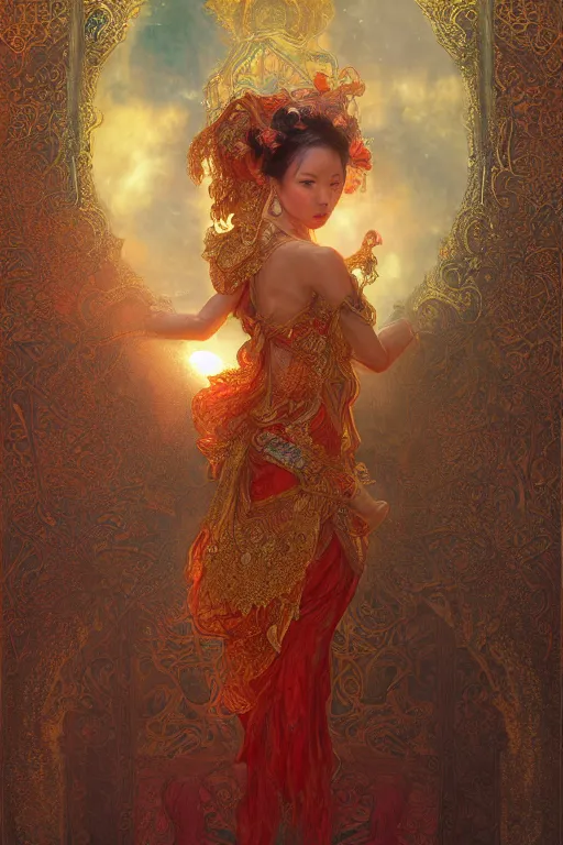 Image similar to tarot card artstation, portrait of an asian love dancer, sunrise, baroque ornamnet and rococo ornament, ancient chinese ornate, hyperdetailed, beautiful lighting, craig mullins, mucha, klimt, yoshitaka amano, red and gold and orange color palatte