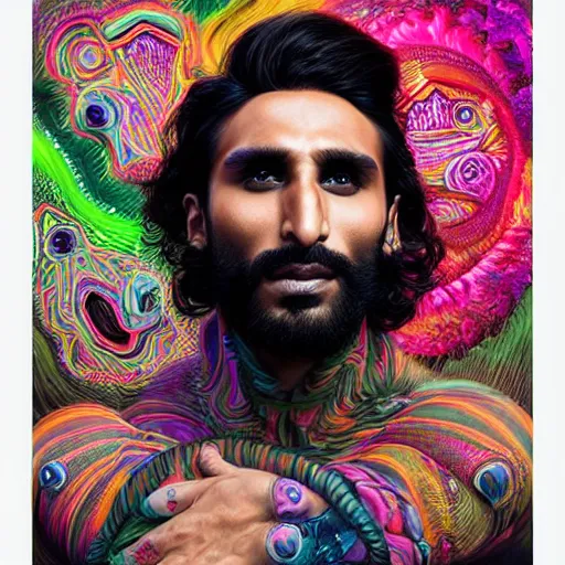 Image similar to portrait of ranveer singh, hyper detailed masterpiece, neon floral pattern, jean giraud, digital art painting, darkwave goth aesthetic, psychedelic, artgerm, donato giancola and tom bagshaw