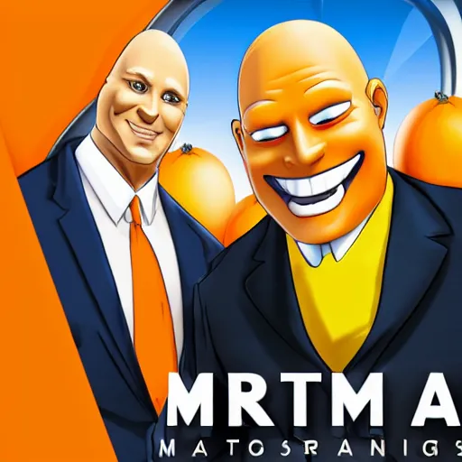 Image similar to mister clean in a suite with an orange face and a yellow toupe