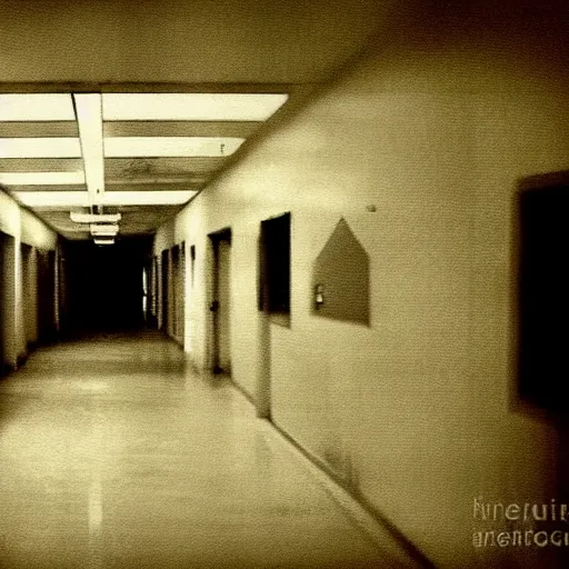 Image similar to decrepit hospital hallway, blurry shadow figure peeking through a corner, craigslist photo