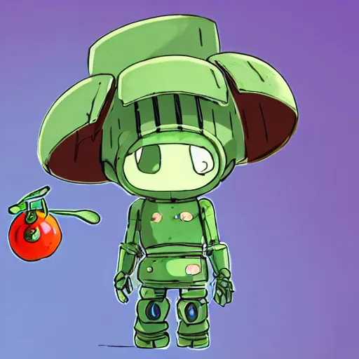 Image similar to cute robot made of plants wearing tomato hat and a chive sword, made in abyss style