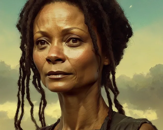 Image similar to highly detailed portrait of thandie newton in the walking dead, stephen bliss, unreal engine, fantasy art by greg rutkowski, loish, rhads, ferdinand knab, makoto shinkai and lois van baarle, ilya kuvshinov, rossdraws, tom bagshaw, global illumination, radiant light, detailed and intricate environment