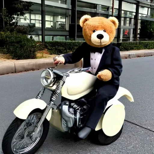 Image similar to a teddy bear wearing a formal suit while driving a motorcycle at a city