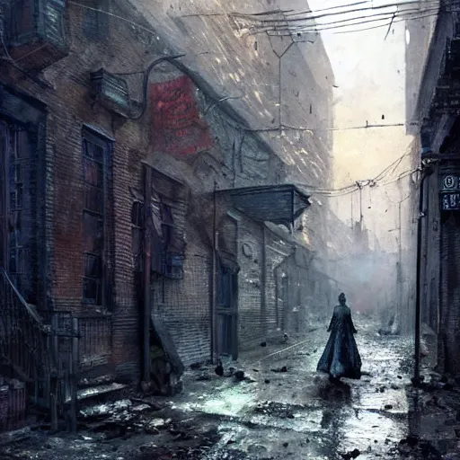 Image similar to close view of sadie sink. runs desperately | a mechanical monstrosity runs toward sadie sink | background : alleyway near decaying tenements. concept art for scifi dystopian film. by nikolay makovsky, bob byerley, wadim kashin, andrea kowch. cinematic moody atmosphere, detailed and intricate, perfect anatomy