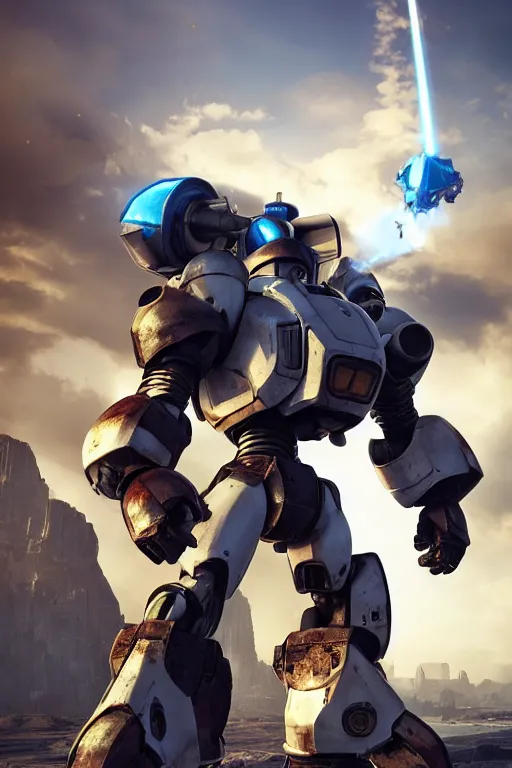 Image similar to mechwarrior 5 : mercenaries mech megaman transformer robot boss tank engine game octane render, 4 k, hd 2 0 2 2 3 d cgi rtx hdr style chrome reflexion glow fanart, global illumination ray tracing hdr fanart arstation by sung choi and eric pfeiffer and gabriel garza and casper konefal pixar and disney unreal zbrush central hardmesh