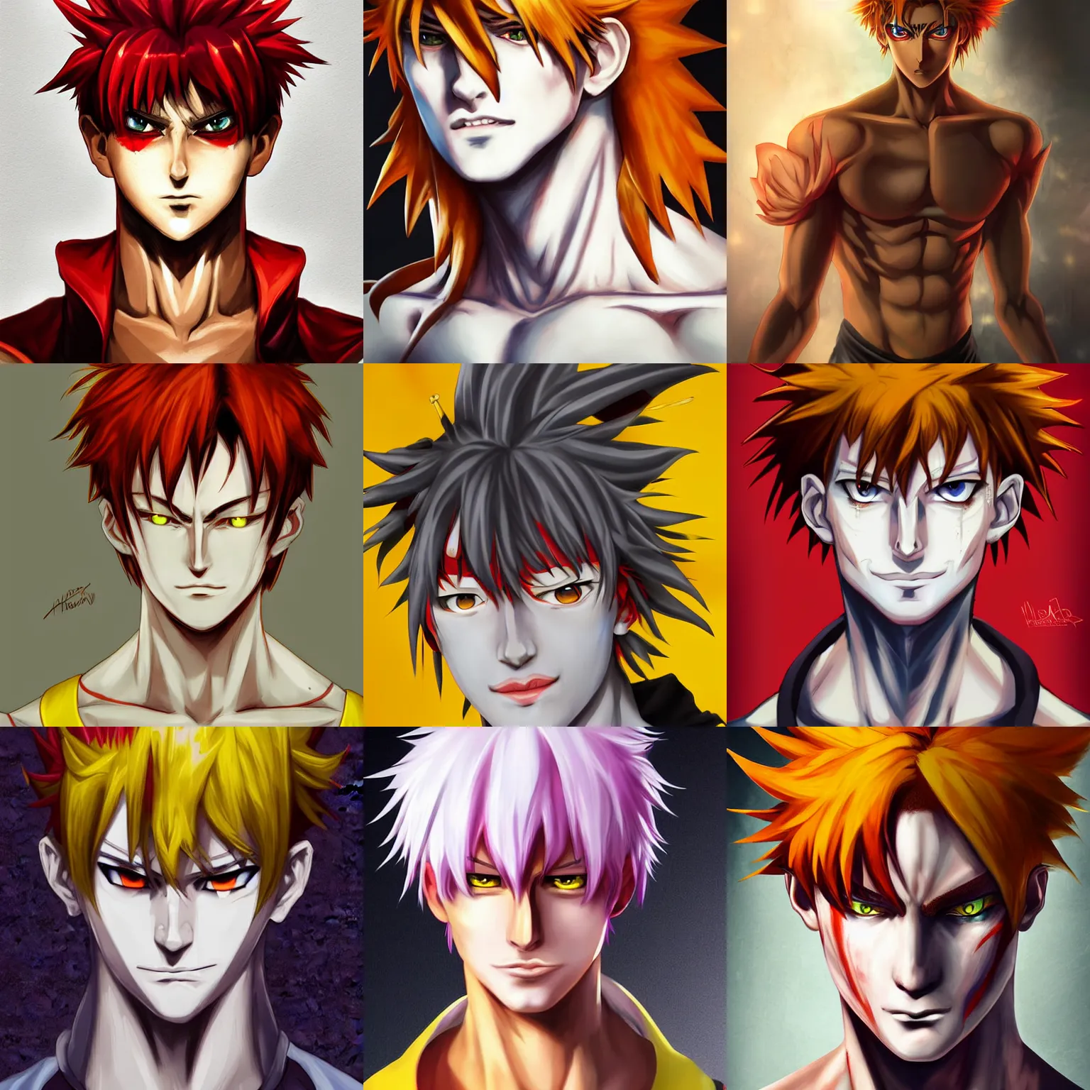 Prompt: portrait of hisoka hunter hunter 2 0 years old evil male upper body extreme sharp features, yellow eyes, narrow eyes crimson hair, tousled medium length anime photorealistic artstation key art anime sharp focus hunterpedia rutkowski