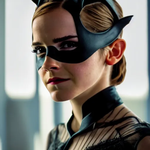 Image similar to Emma Watson as Catwoman, XF IQ4, 150MP, 50mm, f/1.4, ISO 200, 1/160s, natural light, Adobe Lightroom, photolab, Affinity Photo, PhotoDirector 365, filling the frame, rule of thirds, symmetrical balance, depth layering, golden ratio