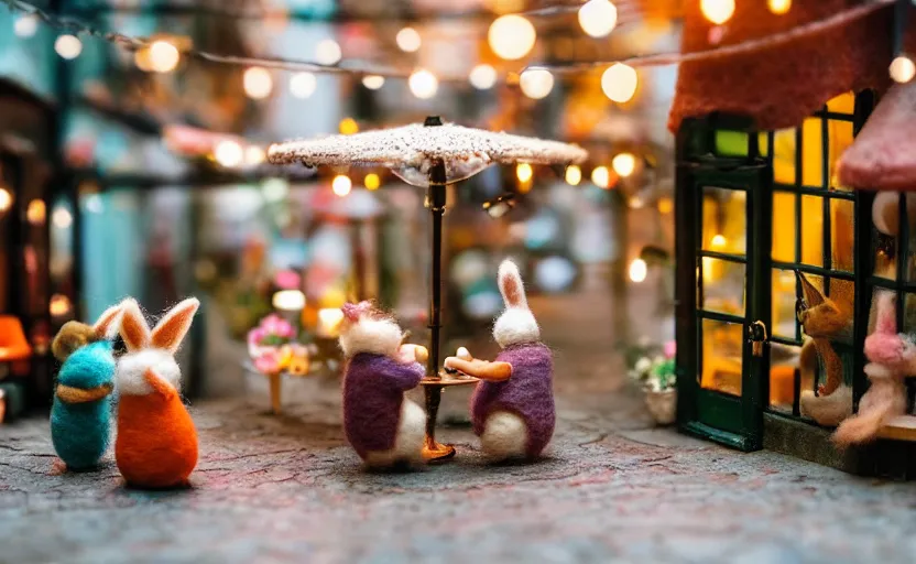 Image similar to miniature cafe diorama macro photography, cafe with felted bunnies on a date, alleyway, ambient, atmospheric, british, cozy, bokeh, romantic, colorful lanterns