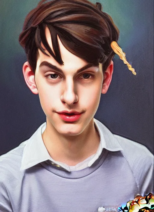 Image similar to oil painting, teenage jughead jones, wears a light grey crown, and devours a hamburger, intricate, elegant, highly detailed, pinocchio nose, lighting, painting, artstation, smooth, illustration, art by greg rutowski and alphonse mucha