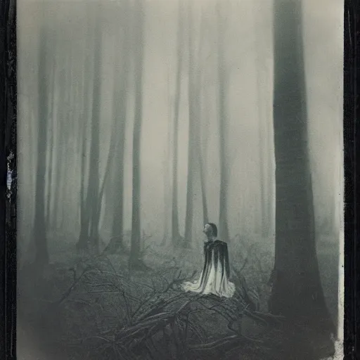 Prompt: an ancient evil-girl on a mysterious fractal forest, mist, 1910 polaroid photography, Black and white