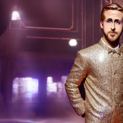 Image similar to Ryan Gosling with silver-violet hair, white eyes and golden glittery dress, wide lens, diorama, 4k,