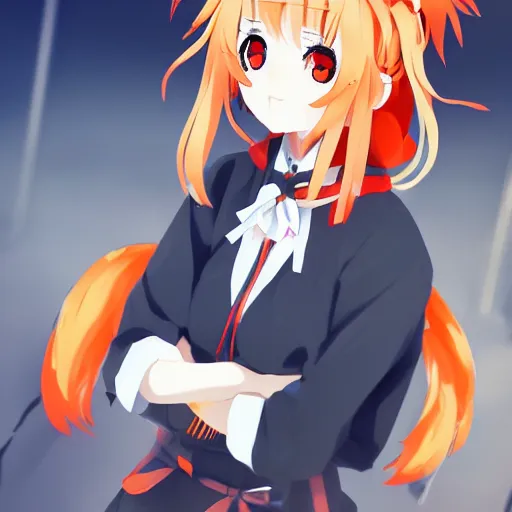 Prompt: senko-san very very beautiful anime kitsune fox girl drinks beer trending on pixiv trending on artstation orange hair orange tail