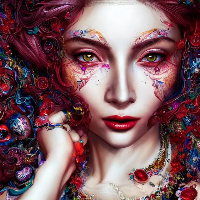Image similar to an absurdly beautiful, elegant, young hypercolorful sensual woman made of rubies and red gems, ultrafine hyperrealistic detailed face illustration by kim jung gi, irakli nadar, intricate linework, sharp focus, bright colors, matte, octopath traveler, final fantasy, unreal engine highly rendered, global illumination, radiant light, intricate environment