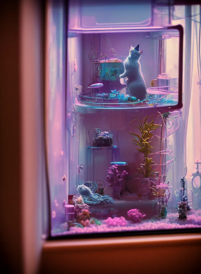 Image similar to telephoto 7 0 mm f / 2. 8 iso 2 0 0 photograph depicting the feeling of chrysalism in a cosy safe cluttered french sci - fi ( ( art nouveau ) ) cyberpunk apartment in a pastel dreamstate art cinema style. ( cat ) ( ( fish tank ) ), ambient light.