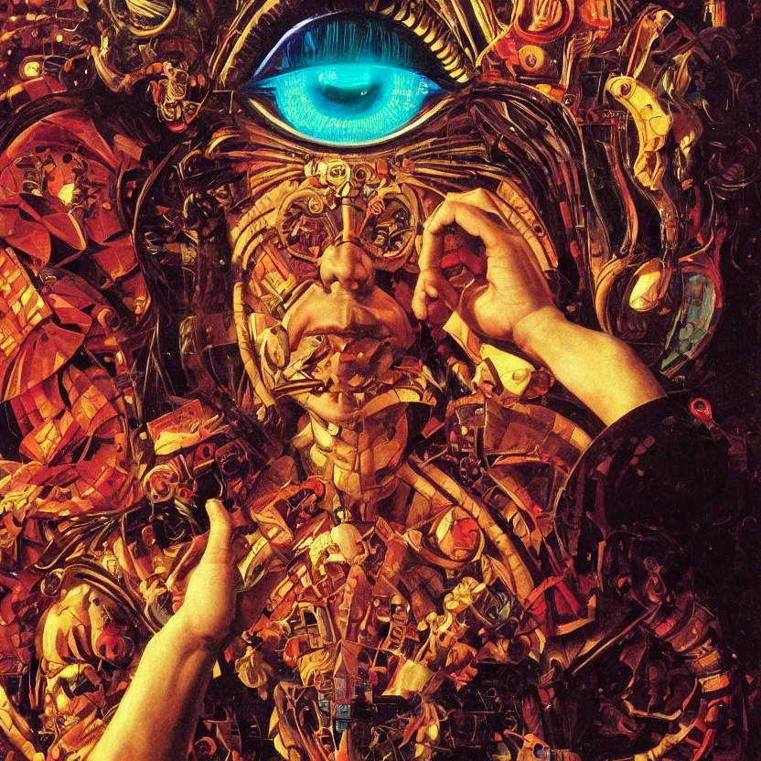 Prompt: a baroque close - up portrait of a cosmic alien fantasy cyborg shaman god with colorful laser eyes, gripping a rubiks cube. black background. studio lighting, big eyes. highly detailed science fiction fantasy painting by norman rockwell, moebius, frank frazetta, syd mead, and sandro botticelli. high contrast. renaissance masterpiece. artstation.