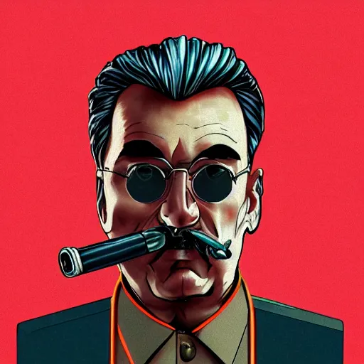 Image similar to cyberpunk joseph stalin smoking a pipe as the leader of a futuristic communist society, cybernetics, sharp lines, digital, artstation, colored in