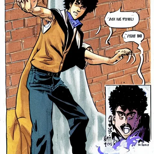 Prompt: spike spiegel as a curly-haired persian guy giving a thumbs up by masamune shirow