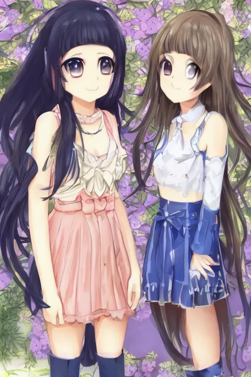 Image similar to two beautiful female idols in causal clothes standing face to face, detailed anime art