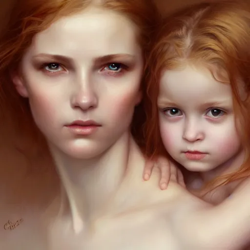 Image similar to pure love is patient love is kind, mother and child ; photorealistic oil painting by charlie bowater and mark brooks ; highly detailed cute faces by wlop ; trending on artstation ; 8 k high resolution, symmetrical, cinematic, high coherence, golden ratio, rule of thirds, perfectly centered ; anatomically correct faces