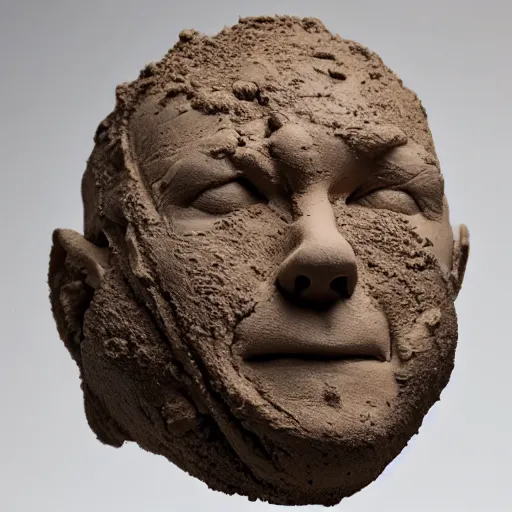 Prompt: a pile of extremely wet clay that has been moulded into something resembling a human head