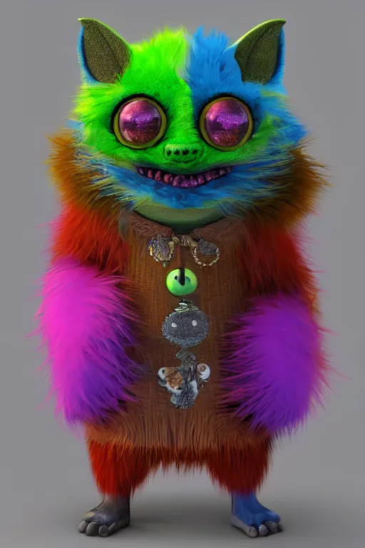 Prompt: 3 d model of adorable evil vibrant colored fur monster with glowing eyes by alexander jansson : 1 | centered, psychedelic, lsd, colorful, matte background : 0. 9 | by jim henson : 0. 7 | dave melvin : 0. 4 | unreal engine, deviantart, artstation, octane, finalrender, concept art, hd, 8 k resolution : 0. 8
