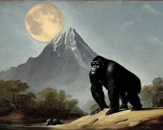 Prompt: gorilla, mountain, moon by pieter claesz