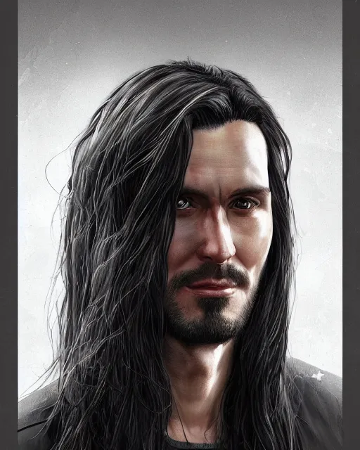 Image similar to portrait of tall, tired 3 3 - year - old handsome man with long black hair, grey eyes, wearing black clothes, hyper realistic face, beautiful eyes, character art, art by mark brooks, hyperdetailed, cryengine, trending on artstation, digital art