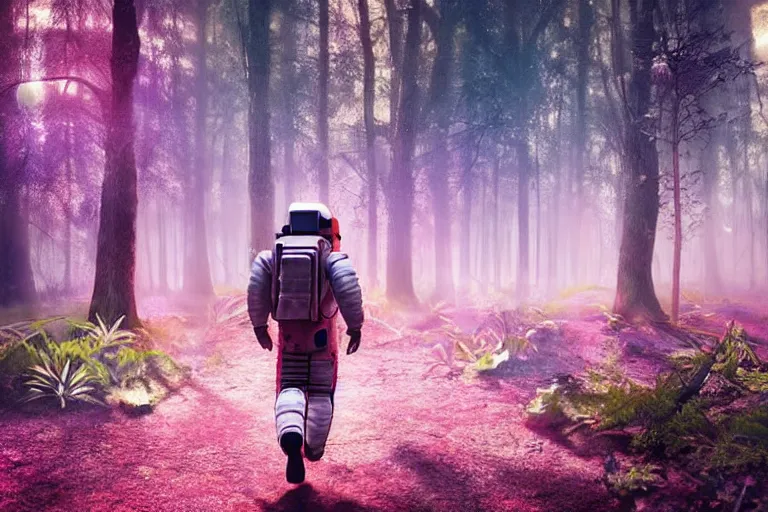 Image similar to Astronaut walking in a beautiful enchanted fantasy forest. Colorful. Cinematic lighting. Photorealism.