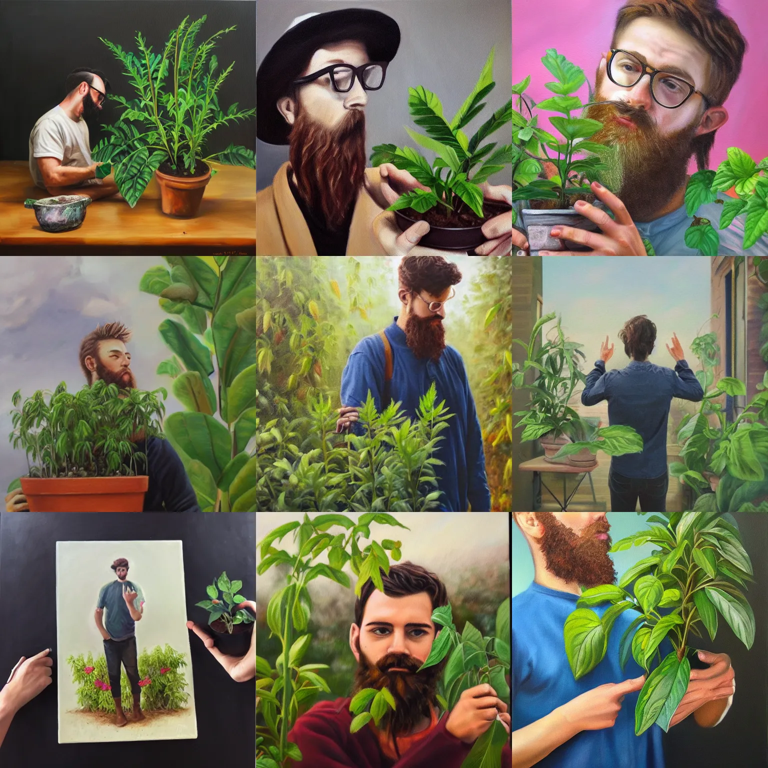 Prompt: a beautiful realistic oil painting of a hipster saying goodbye to his plants