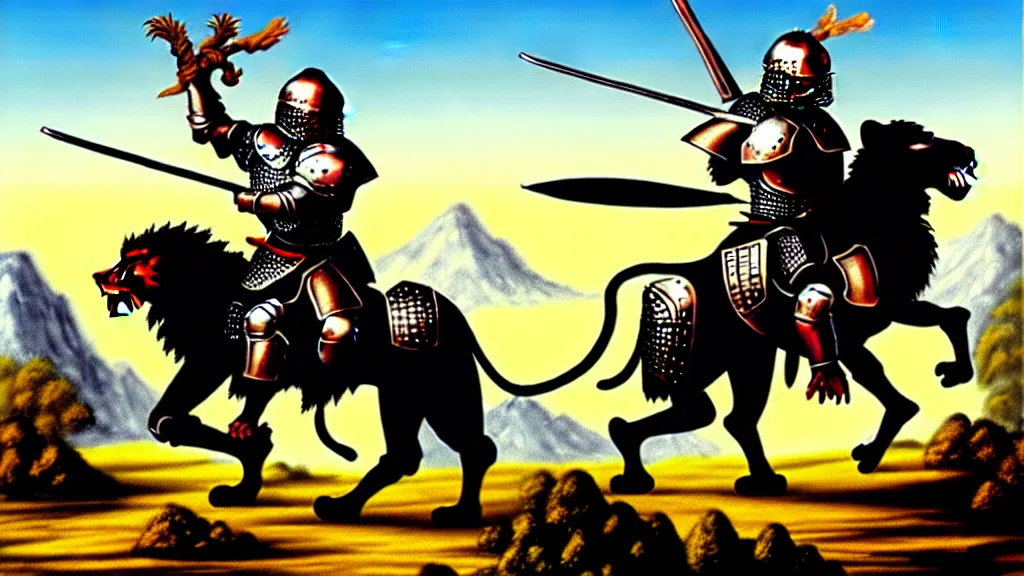 Image similar to fully armored knight wielding an automatic weapon fighting a lion in a medieval setting, painted by bob ross