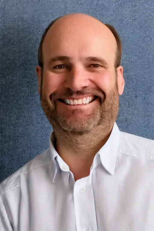 Prompt: full body color photograph of a balding, middle aged, brown haired, hairy, blue eyed, round faced, short white man dressed in a white shirt, smiling at the camera with perfect, straight white teeth