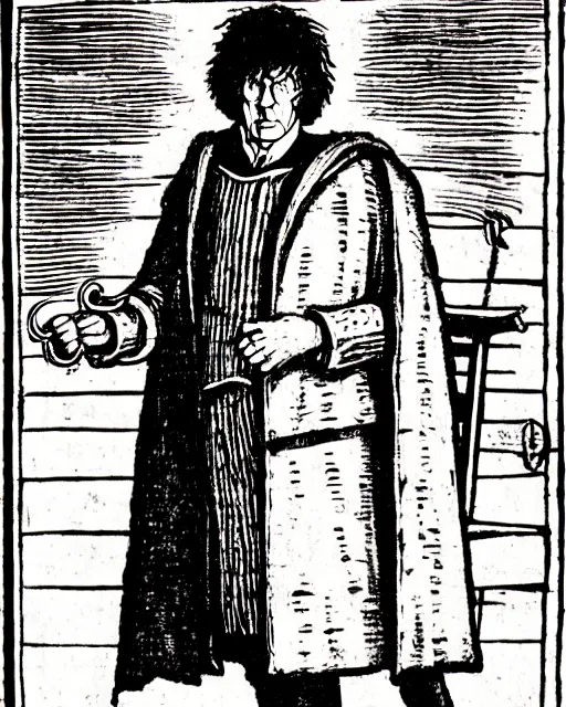Image similar to b & w woodcut of tom baker's doctor who from the nuremberg chronicle, 1 4 9 3, restored, hq scan