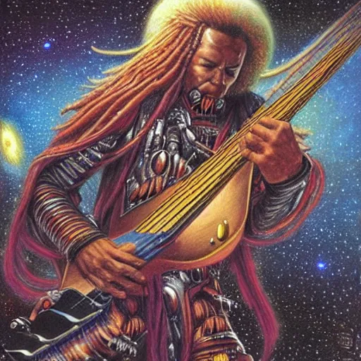 Prompt: a beautiful sci - fi drawing of a dreadlock samurai playing bass guitar, lightning flows from his body into the universe, by bob eggleton and jean giraud