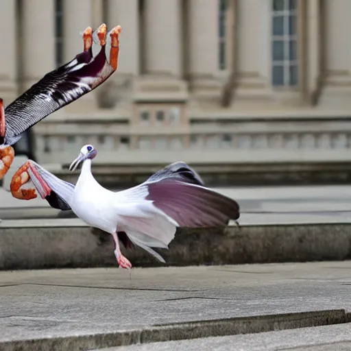 Image similar to shrimp fighting a pigeon in front of Canberra Parliament House