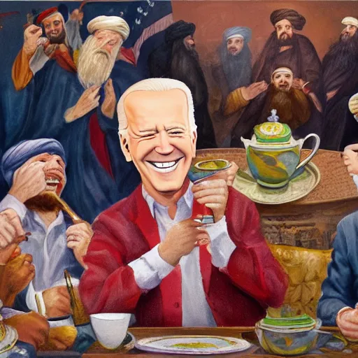 Image similar to a painting of joe biden laugh in tea party with taliban, ultra detailed content : face, gesture, body, mimic. random position content, frontal realistic, sharp focus, intricate, dynamic composition, rgb colors, remove duplicate contents.