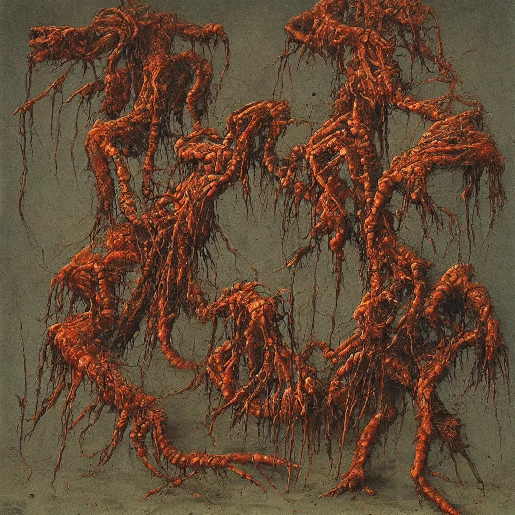 Image similar to gritty, disgusting, vile, wretched, centipede, beksinski