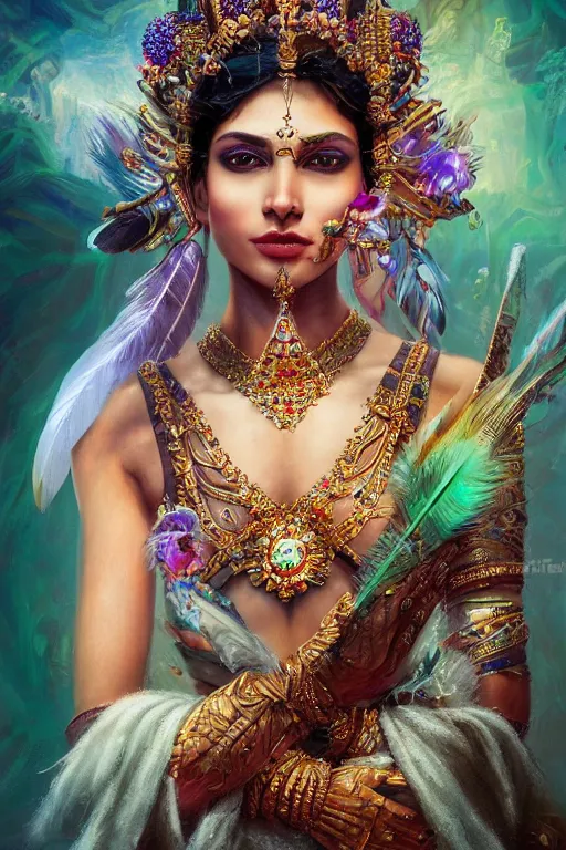 Image similar to beautiful indian model wearing crystal crown full of jewels and feathers, warhammer, cyberpunk, 3 d render, hyper realistic detailed portrait, holding magic flowers, scifi, fantasy, hyper detailed, octane render, concept art, peter mohrbacher, artgerm, ruan jia, wlop