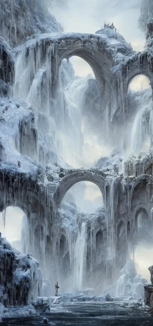 Prompt: a gigantic palace made of crystal stone with arches and bridge on top of a waterfall in the snow, blizzard, a small stream runs beneath the waterfall, landscape, raphael lacoste, eddie mendoza, alex ross, concept art, matte painting, highly detailed, rule of thirds, dynamic lighting, cinematic, detailed, denoised, centerd