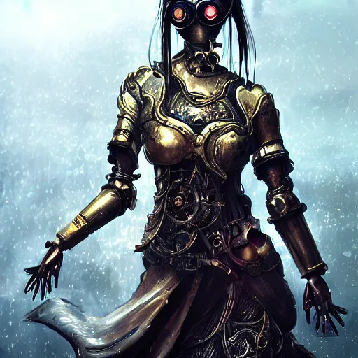 Image similar to concept art of asian female supermodel with robotic mask. steampunk vr googles. futuristic tokyo. anime and manga. comic style. artstation concept art, matte painting. ambient and neonoir mood. intricate details and golden filigree with dragon scales. cinematic light and volumetric fog