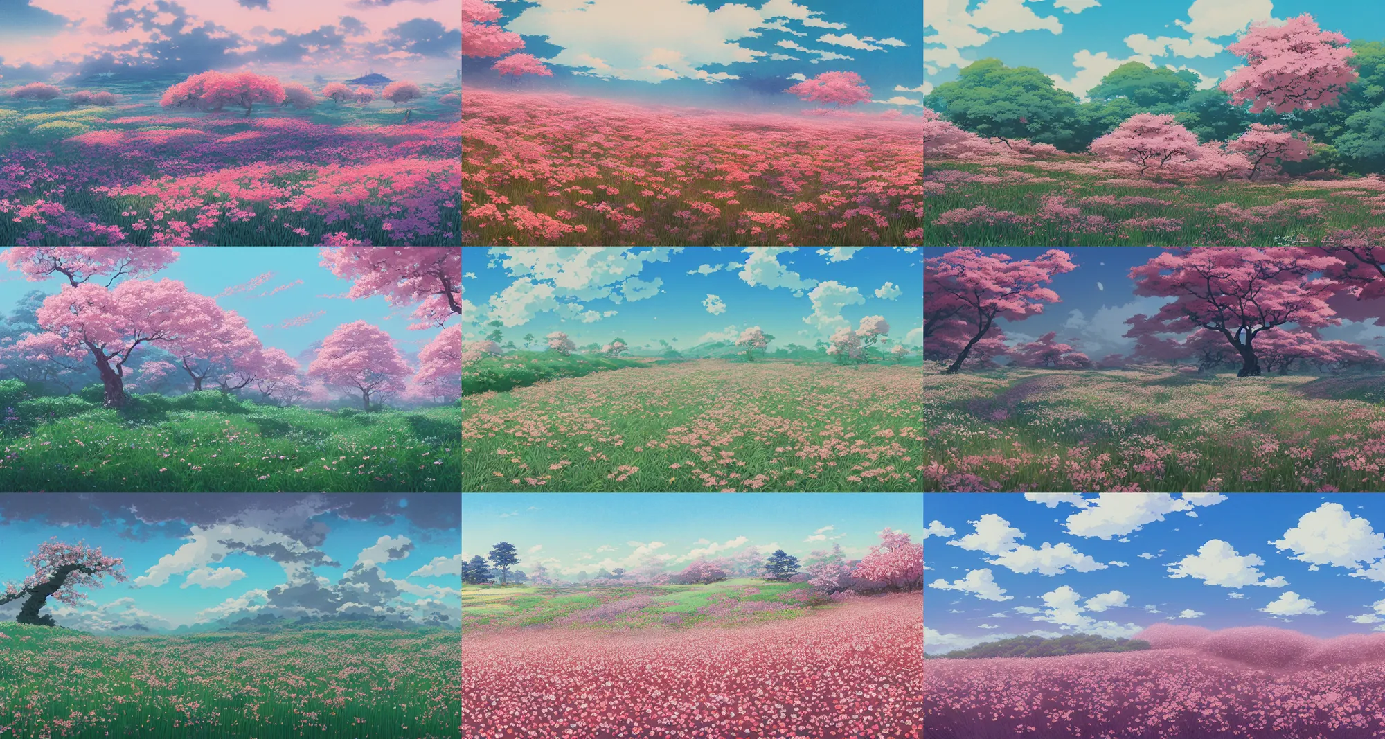 Prompt: a gouache painting of endless field of blossoms by kazuo oga, in the studio ghibli anime film, matte painting by senior environment artist, anime aesthetic, fantasy art, official art, concept art, featured on artstation