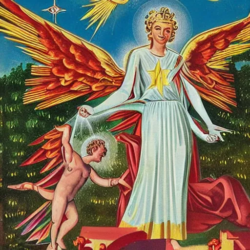 Image similar to the angel of love and prosperity, showering it's great energy over a 1 9 6 0's white farm house