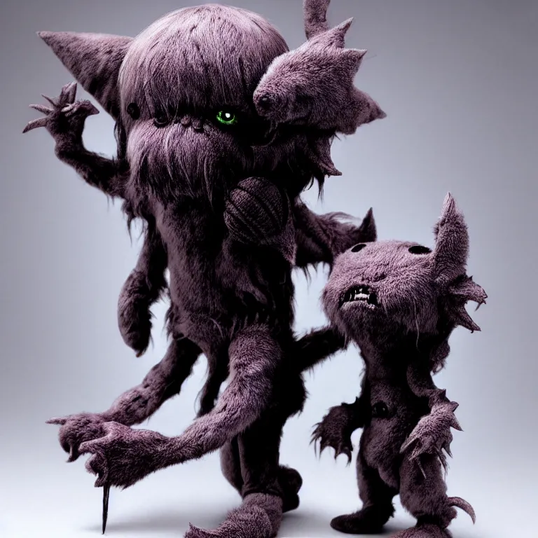 Prompt: photo of cute plush fluffy chibi monster by giger, wayne barlowe, dariusz zawadzki, zdzislaw beksinski