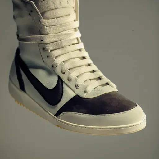Prompt: a studio photoshoot of A Nike high top sneaker designed by Virgil Abloh, leather and suede, Off-White, realistic, color film photography by Tlyer Mitchell, 35 mm, graflex