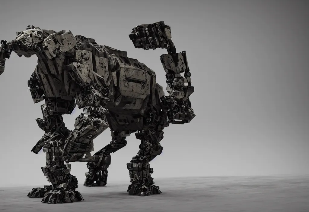 Prompt: military quadruped tiger shaped mech, with black carbon fibre muscular limbs, sinew, clean, simple, minimalist, side view, product design, modern, on an empty grimy concrete background, weta, cinematic, realistic, stylised, unreal engine, hyper realistic, octane render