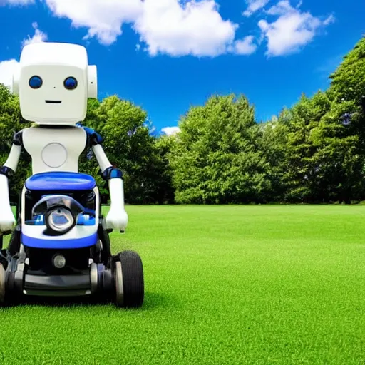 Image similar to Robot mowing the lawn on a bright sunny day, sky is blue with clouds